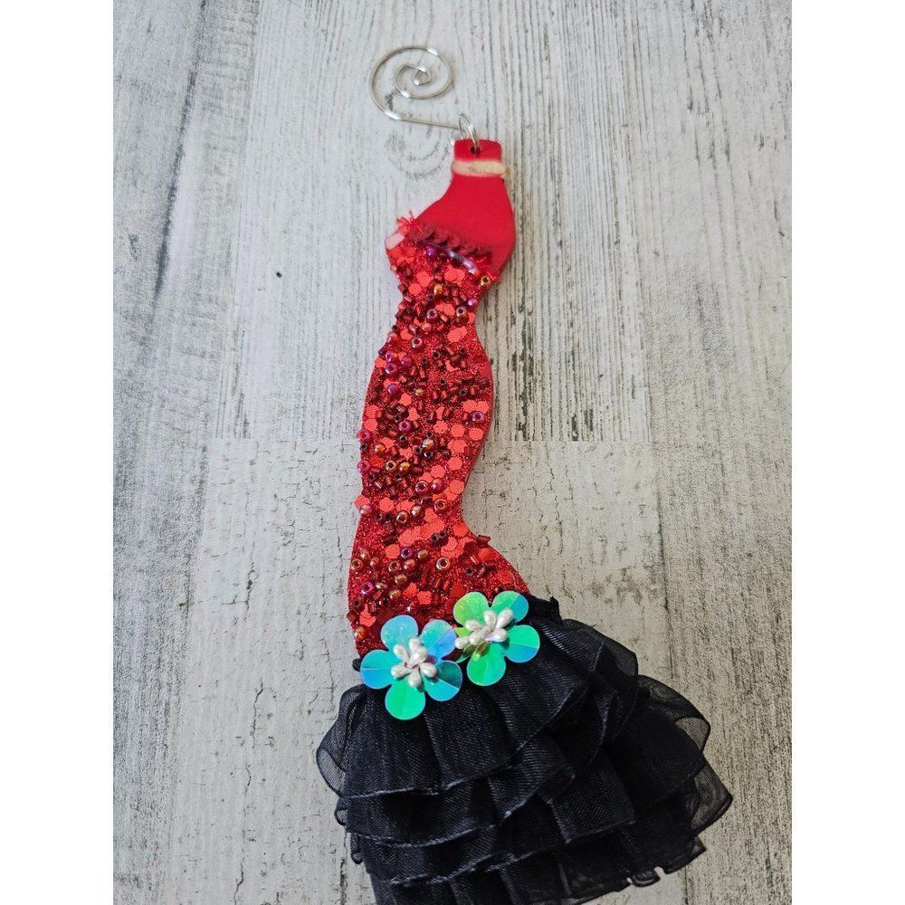 Red evening dress ornament vintage fancy beaded fringe ruffle Xmas tree